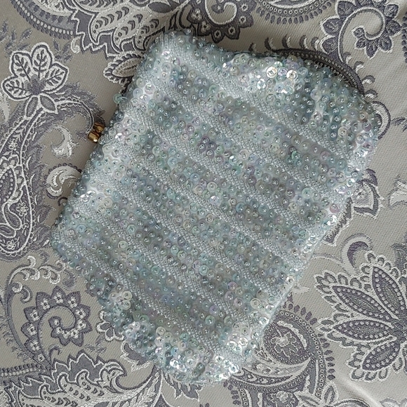 Vintage Richere Clutch Evening Bag Made in Hong Kong Sequined Beads Aqua Blue - Picture 12 of 17